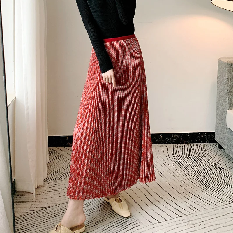 Miyake designer skirt new autumn and winter folds red stripes poor drape casual all-match long a-line skirt women