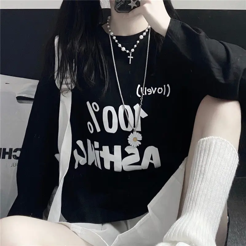 

QWEEK Cotton Korean Style Woman Tshirts Fashion 2021 Print Femme T-shirts Long Sleeve Loose Casual Tops Street Graphic T Shirts