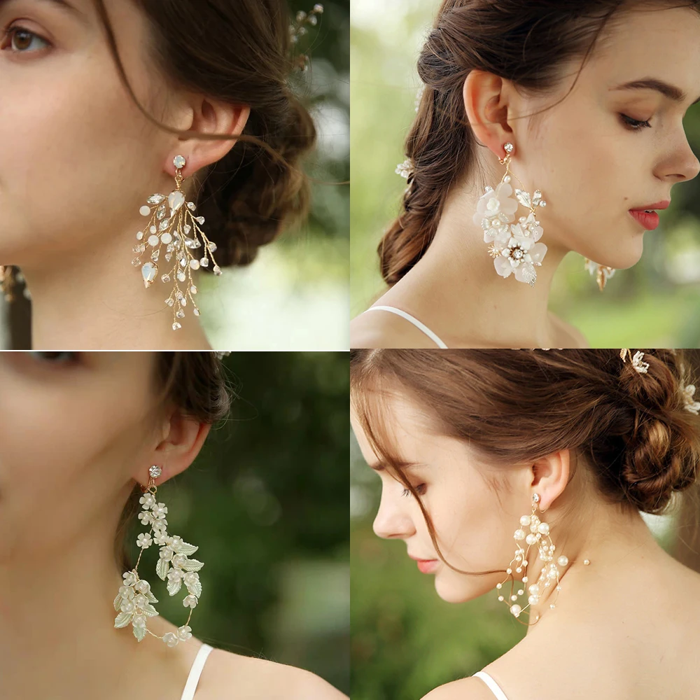 Серьги ручной работы с опалом кристаллами Цветочная люстра жемчуг капля