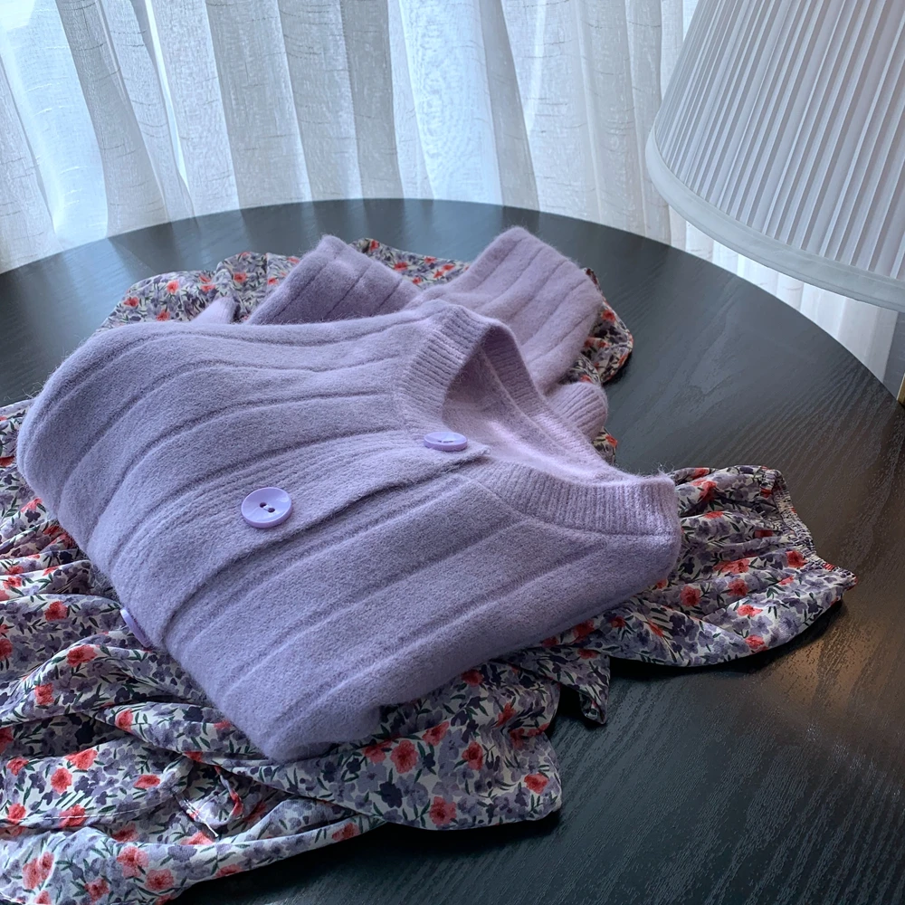 

Soft Slimming Purple women Spring New Solid Color Knitted Sweater Cardigan