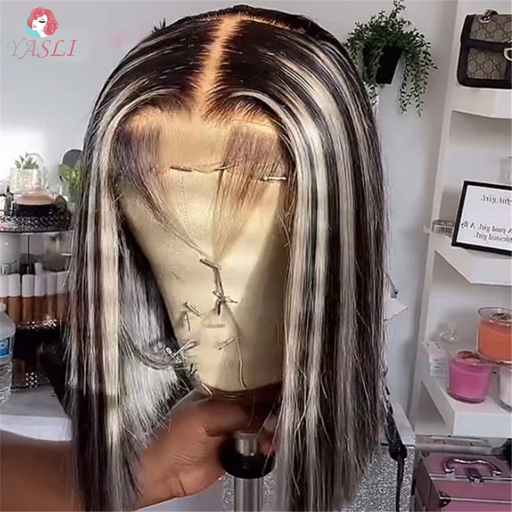Platinum Blonde Highlight Wig Lace Front 13x4 Straight Bob Wig 150% Density Brazilian Natural Remy Human Hair for Women enlarge