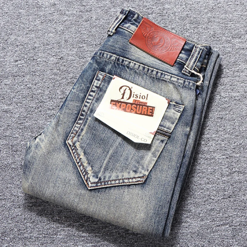 European Vintage Fashion Men Jeans Retro Wash Distressed Slim Fit Destroyed Ripped Jeans Men Patchwork Designer Denim Punk Pants