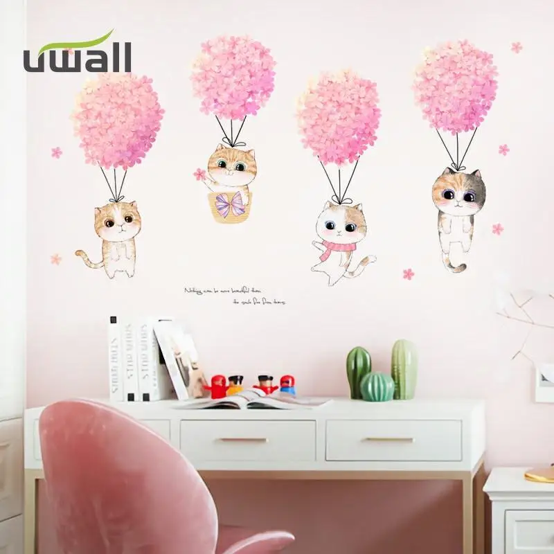 

Pink Flower Cat Wall Stickers Girl Bedroom Wall Decor Kids Room Decoration Self-Adhesive Background Wall Sticker Home Decoration