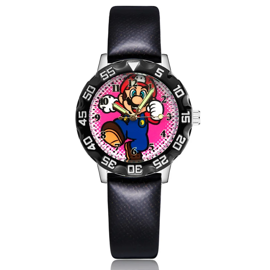 Модные милые детские часы в стиле Марио кварцевые кожаные Наручные для девочек и