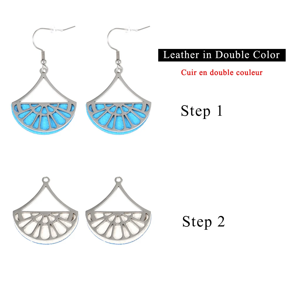 White and Blue Cremo Stainless Steel Geometric Fan Pendant Earrings for Women Georgette Drop Hanging Earrings Leather Dangle Earrings Jewelry - Metal Color: White and Blue