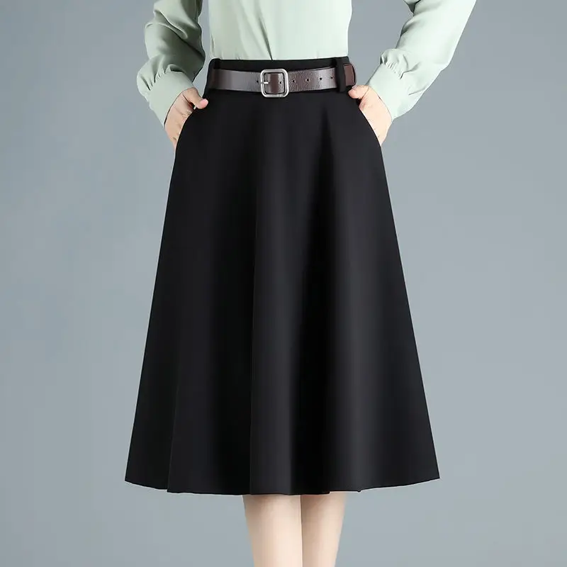 A-line Fashion Skirt Spring Autumn New Slim Belt Black High Waist Umbrella Skirts Women Elegant Jupe Femme With Lining K1253 | Женская