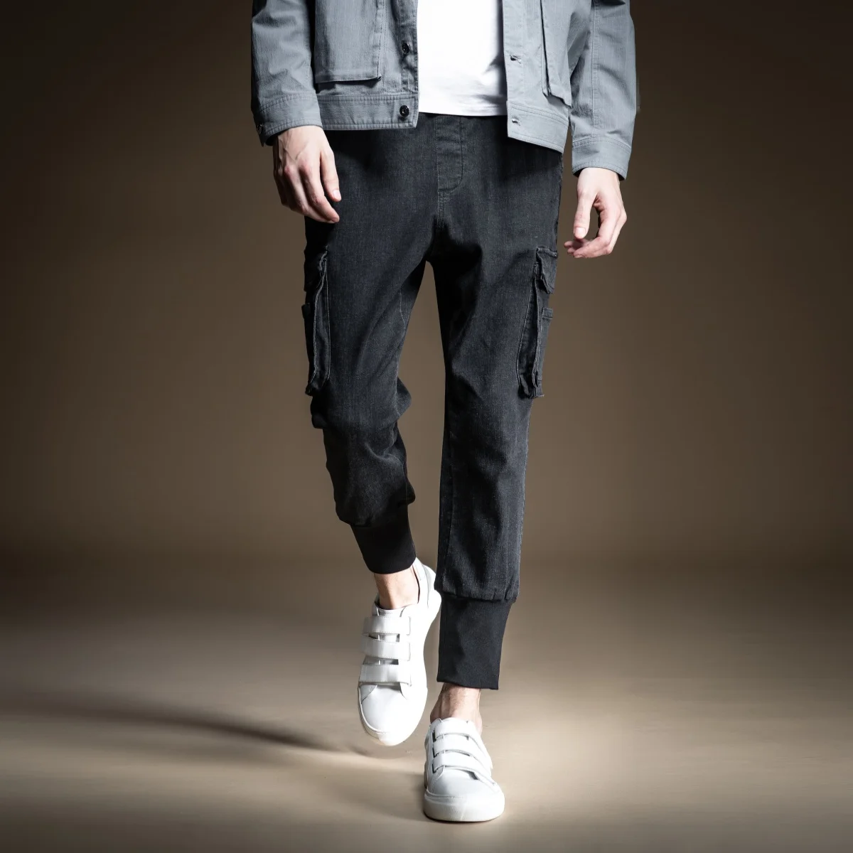 

PINLI 2020 Spring New Slim Elastic Waist Feet Comfortable Pocket Overalls Men's Casual Washed Jeans Quality Clothes B201216090