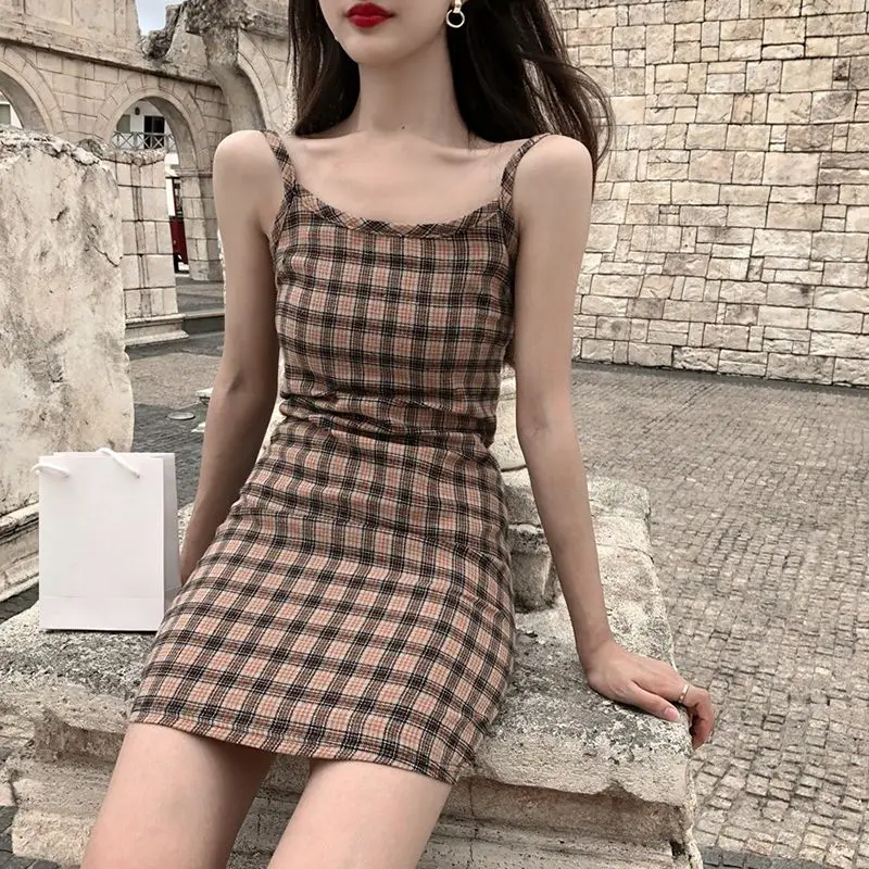 

Women Dress Summer Niche Bellflower Sling Plaid Short Mini Dress Sexy Bodycon Party Dresses Vestidos