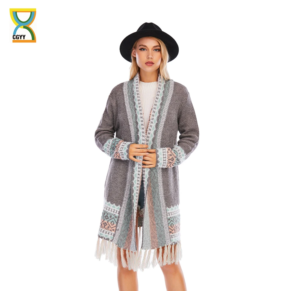 

CGYY Women's Colorful Boho Sweater Blue Grey Color Knitted Open Front Autumn Spring Cardigan With Fringe Tassel And Pockets