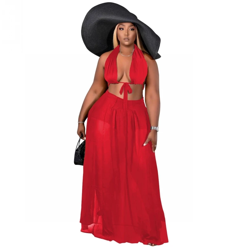 

Женские пляжные накидки для бикини из 2 предметов, купальник с лямкой на шее, топ без рукавов + платье с высокой талией, сексуальная женская н...