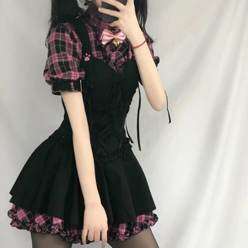 Summer Dresses For Women Plaid 2021 Kawaii Pink Clothes Short Sleeve Strap Midi Dress Lolita Harajuku Cottagecore Robe Y2K