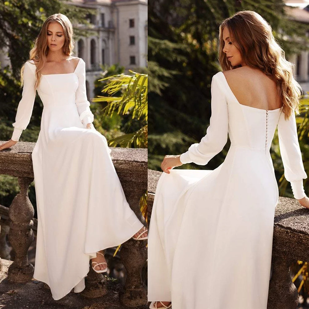 

Simple Square Neck Satin Backless Bridal Gowns A Line Custom Made Vintage Low Back Long Sleeves Micro Minimalist Wedding Dress