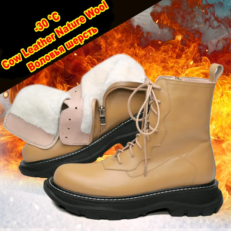 

Russian Winter Snow Boots Big Size 42 Thick Wool Inside Cow Leather Booties with Chunky Midi Heel Insulated Combat Outdoor Shoes