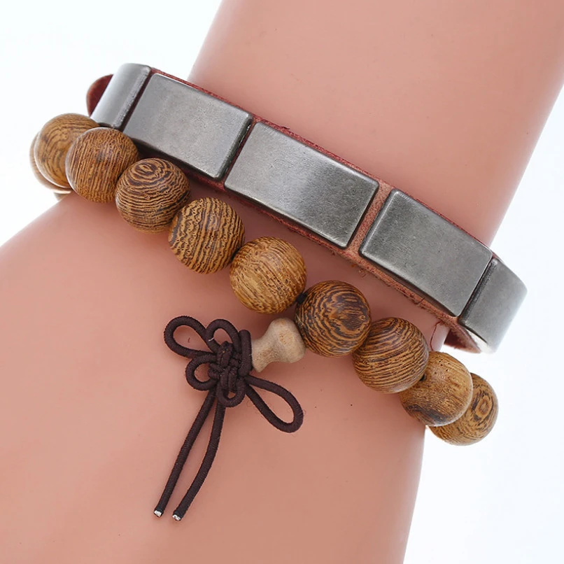 

Fashion Vintage Metal Rivet Charm Genuine Leather Bracelet Belt Adjustable Wood Beads Bangle Wrap Wristbands Unisex Punk Jewelry