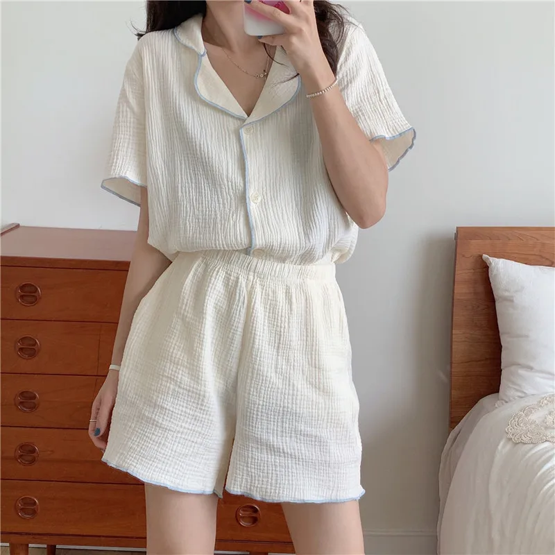 

Japanese Summer 100% Cotton Pajama Suit Crepe Ladies Solid Color Simple Thin Short-sleeved Shirt Shorts Pajamas for Women pjs