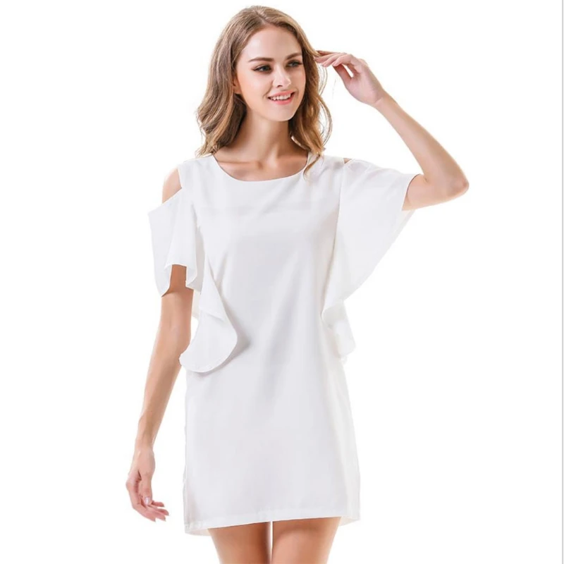 

Women Short Sleeve Off the Shoulder Round Neck Ruffle Loose Tunic Tops T-Shirt Dress