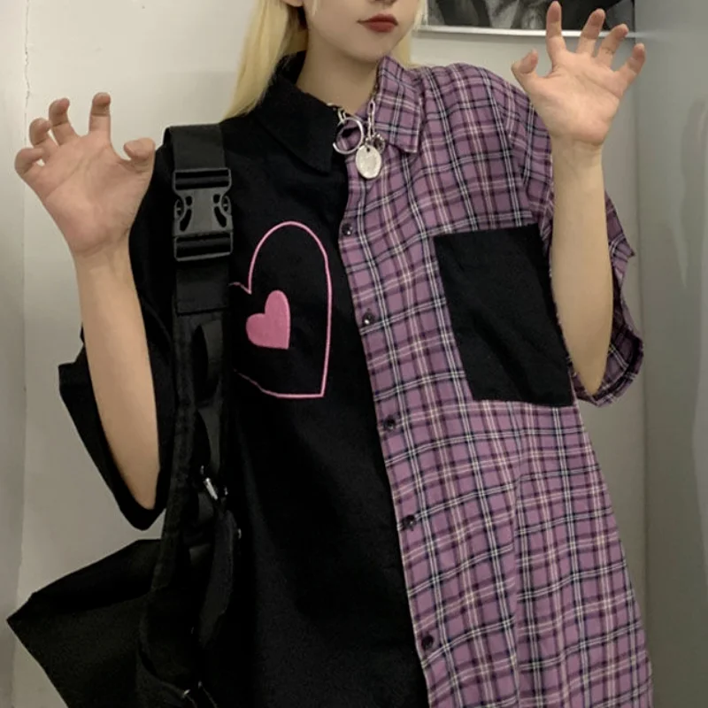 

Plaid Shirt Harajuku Short Sleeve Blouse Women Heart Print Splice Paired Clothes Summer Designer Korean 2021 Vintage