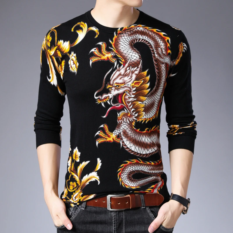 Autumn Sweater Men Jersey Clothing Black Gold Dragon Print Sweater Pullover For Men Casual Club Party Dj Clothing