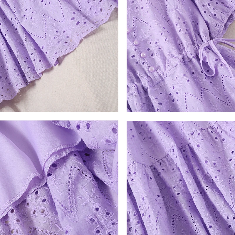 

Korean Chic Vestidos Vintage Single Breasted Dress New 2020 Purple/White Hollow Out A-line Women Dress Summer 2020 Short Sleeve