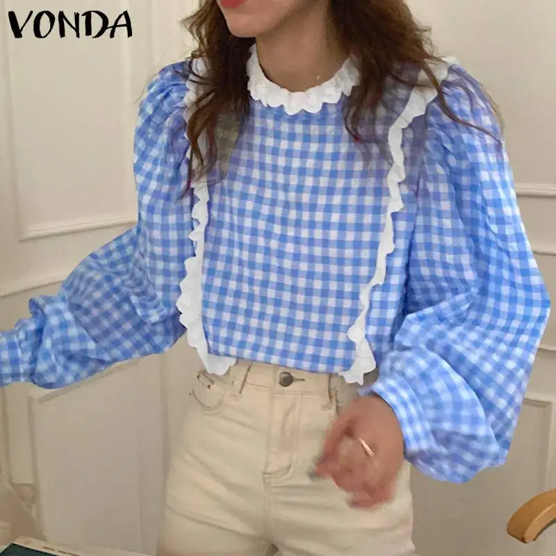 

Casual Checked Plaid Tops VONDA 2022 Spring Long Puff Sleeve Pleated Blouse Bohemian Blusas Femininas Lace O Neck Party Shirts