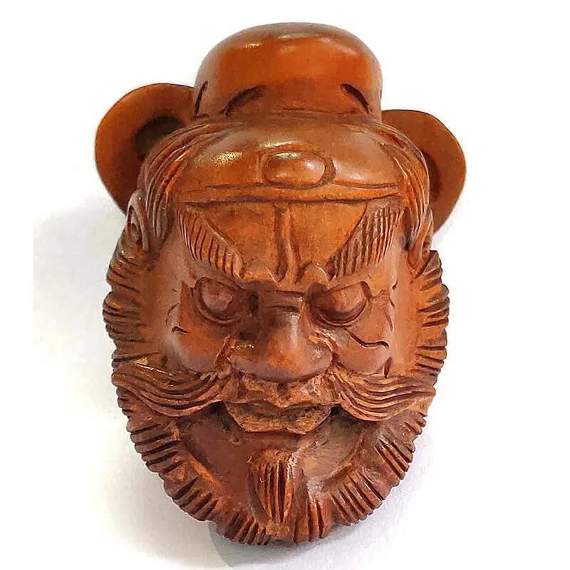

2-Дюймовая японская резная вручную маска из бокса Netsuke, миниатюрная маска Guan Yu Warrior Guan Gong-# Z7810