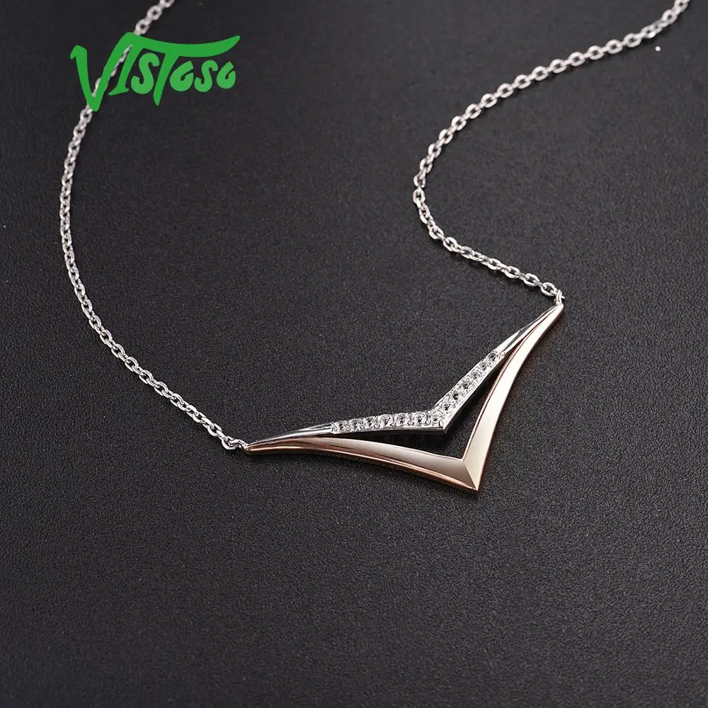 VISTOSO, 10 к, розовое золото и серебро, 925 цепочка, ожерелье для леди, Блестящий Белый сапфир, помолвка, юбилей, элегантное, уникальное, хорошее ювелирное изделие