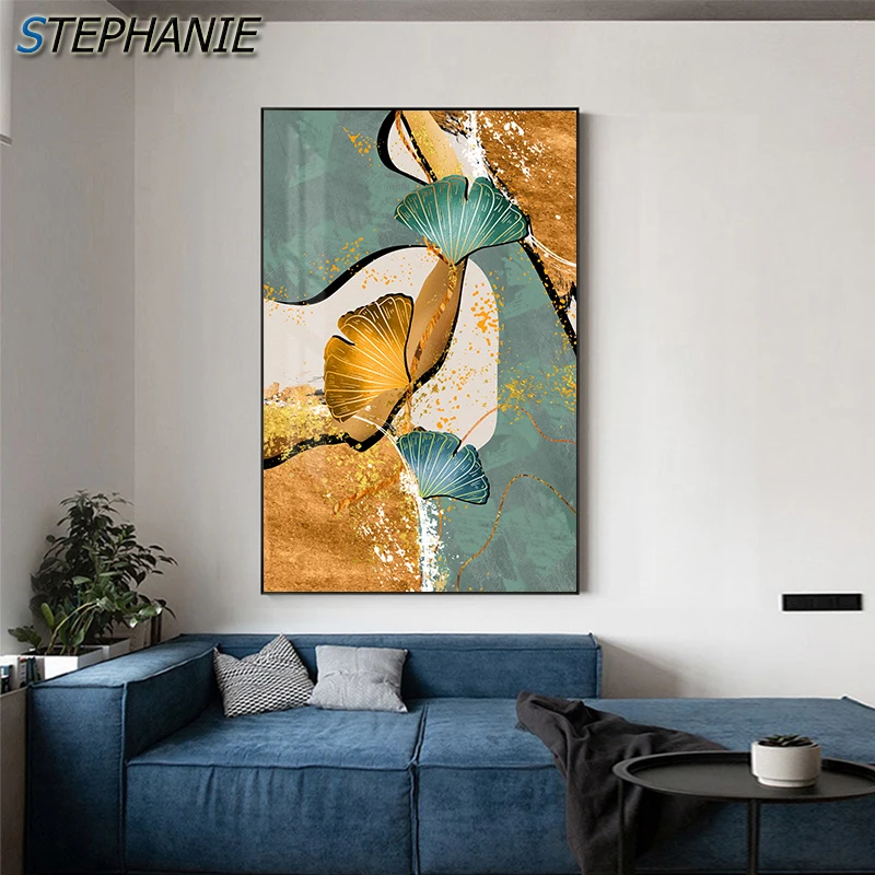 Золотой зеленых листьев растений Nordic коричневый плакат со стильным абстрактным