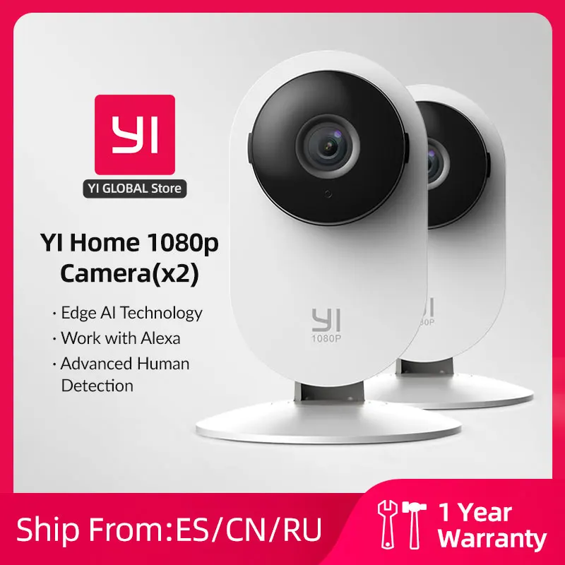 YI 1080p Wifi Home Camera 2pcs Kit with Night Vision IP Security Protection AI Powered Human/Sound Detection