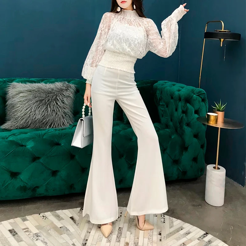 

New Spring Fall Long Pants Women 2021 High Waist Skinny Flare Trouser Office Lady Solid Color Slim Elegant Pants