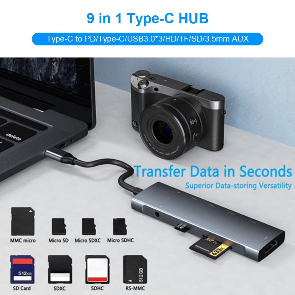 

9 Ports 5Gbps USB3.1 to Ultra Slim Data Hub Type-C Flash Drives HDMI-compatible HUB Type-C Multi Cable Splitter Dock Station