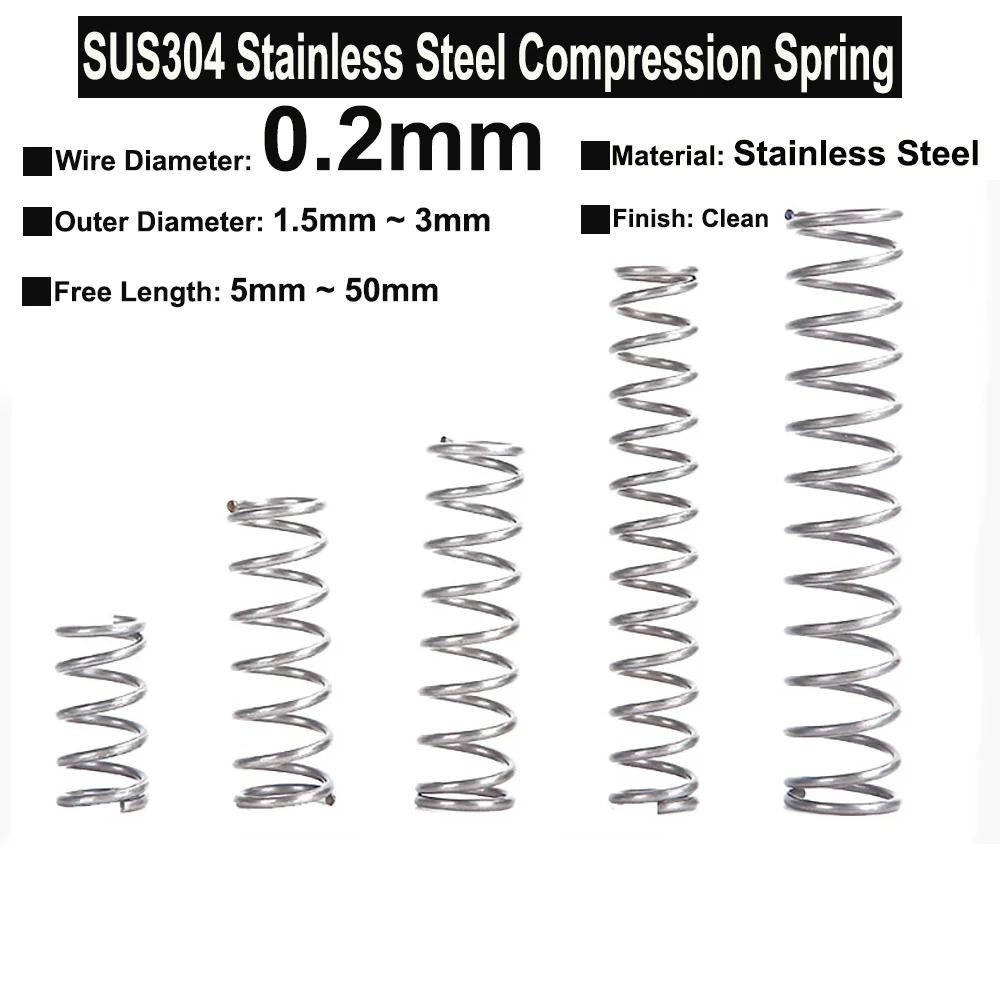 

10Pcs Wire Diameter 0.2mm SUS304 Stainless Steel Tiny Compression Spring OD 1.5mm ~ 3mm Free Length 5mm ~ 50mm