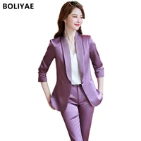 boliyae spring autumn blazers for women formal trouser suits elegant office business turn down collar coat jacket and pants set