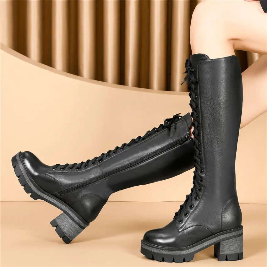 Женские высокие сапоги до бедра колена из натуральной кожи на шнуровке с