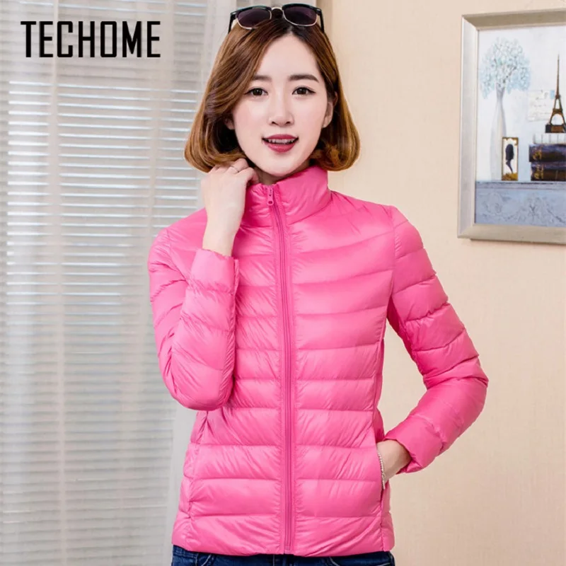 TECHOME Новое Женское пальто ультра легкий пуховик женские короткие воротник стойка