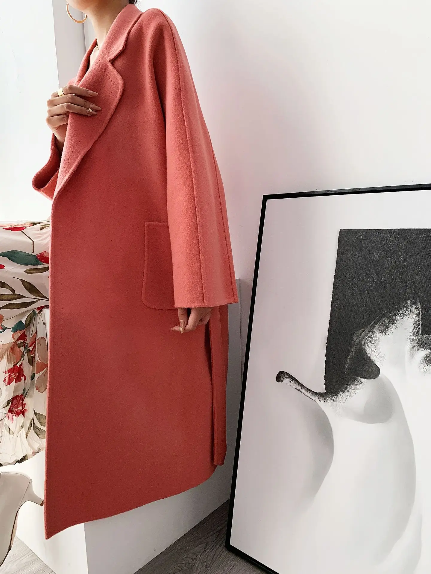 2020 Korean new double-sided woolen coat women's cedar powder solid cashmere | Женская одежда