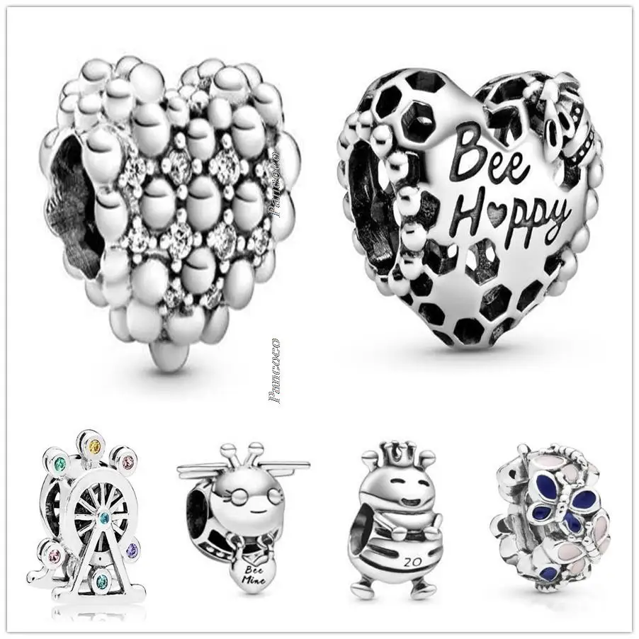 

Original 925 Sterling Silver Black Enamel Bee Mine With Love Heart Charm Beads Fit Women Pandora Bracelet & Necklace Jewelry