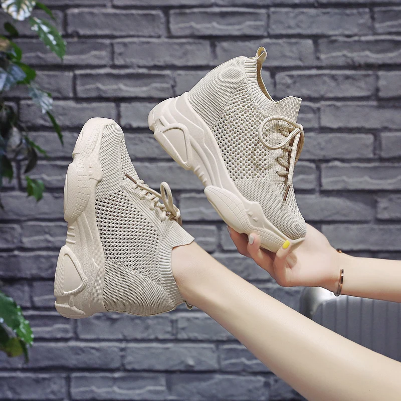 Fashion 2022 Autumn High Platform High Heels Women Thick Sole Shoes 10CM Heels Wedge Sneakers Breathable Mesh Casual Shoes Woman
