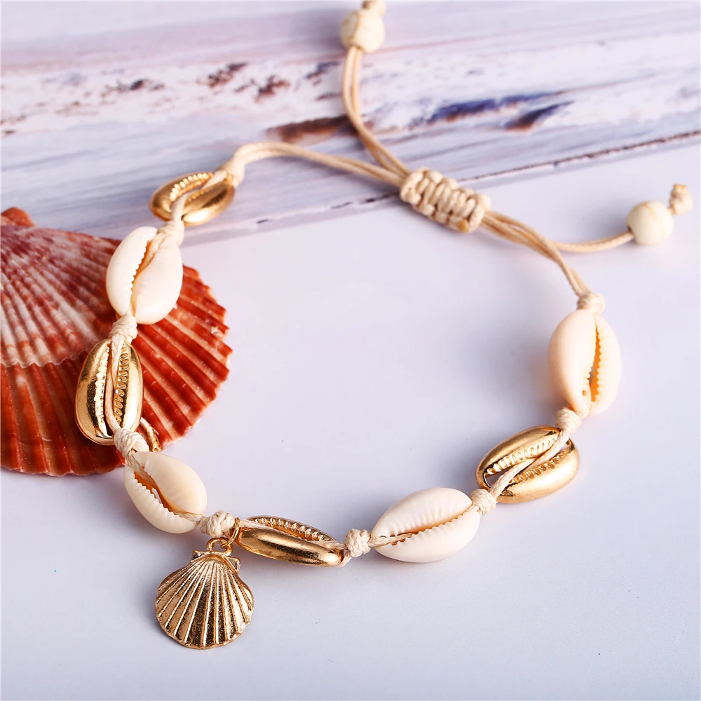 В винтажном стиле Цвет золотистый белый раковины пляжные браслеты на ногу для