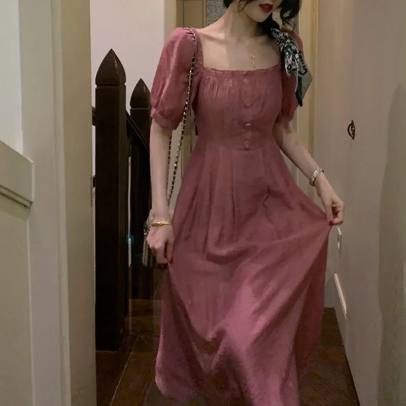 

Vintage Romantic Square Collar Dress Women 2021 New Summer Midi Derss Sexy Regular Sleeve Long Dresses for Women Party Wedding