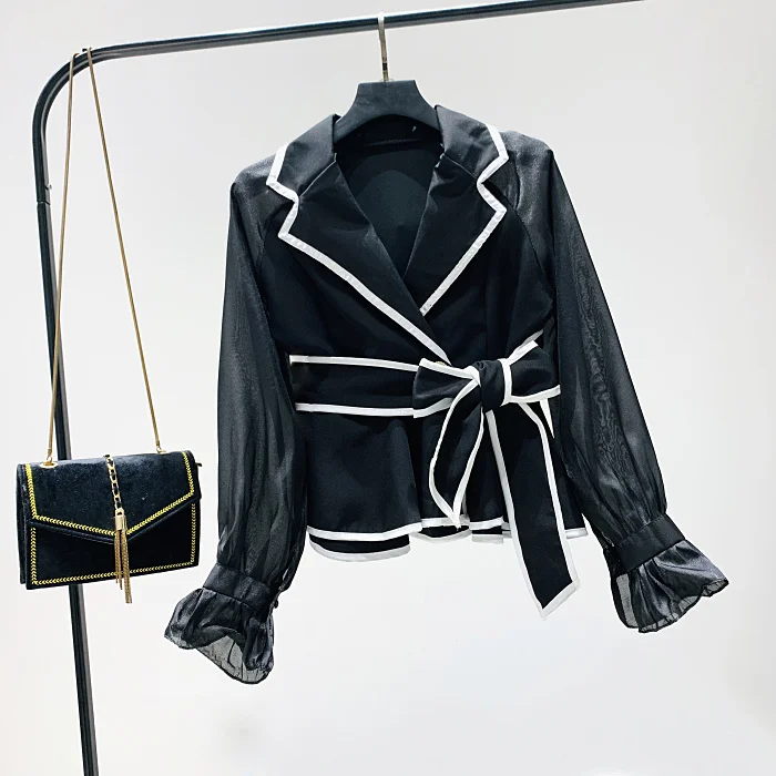 White Chiffon Blouse Women Notched Collar Flare Sleeve Shirt Solid Color Ladies Elegant Black Stripe Edge Blusa Tops | Женская одежда