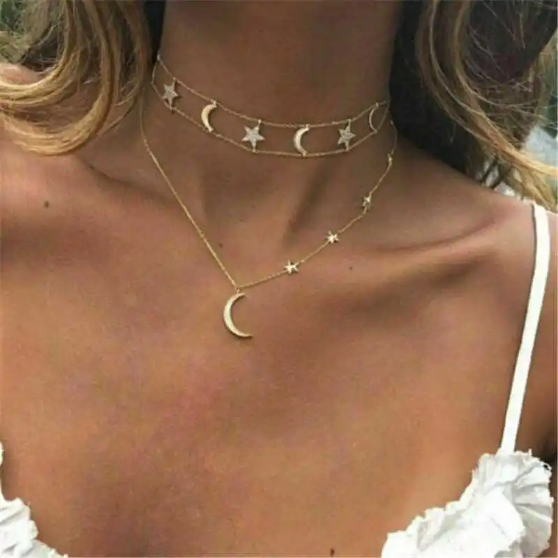 

Vintage Multilayer Crystal Pendant Necklace Women Beads Moon Star Horn Crescent Choker Necklaces Jewelry New