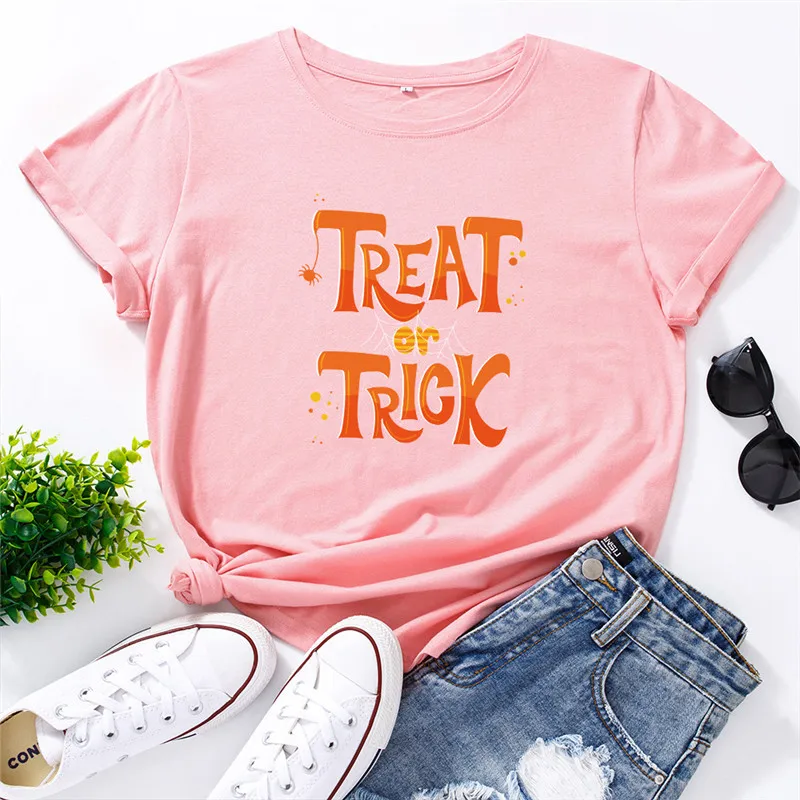 

Cotton T-shirt Women Summer Plus Size Treat or Trick Letter Printed T Shirt Aesthetic Graphic Tees Short Sleeve Casual Tops