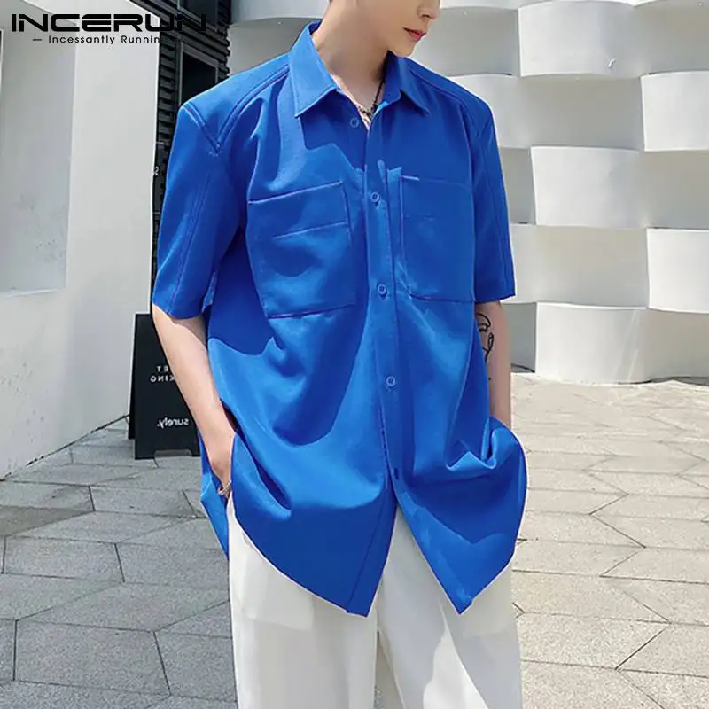 

Men Shirt Solid Color Streetwear Turn Down Collar Pockets Short Sleeve Casual Tops Loose Fashion Camisa Masculina INCERUN S-5XL