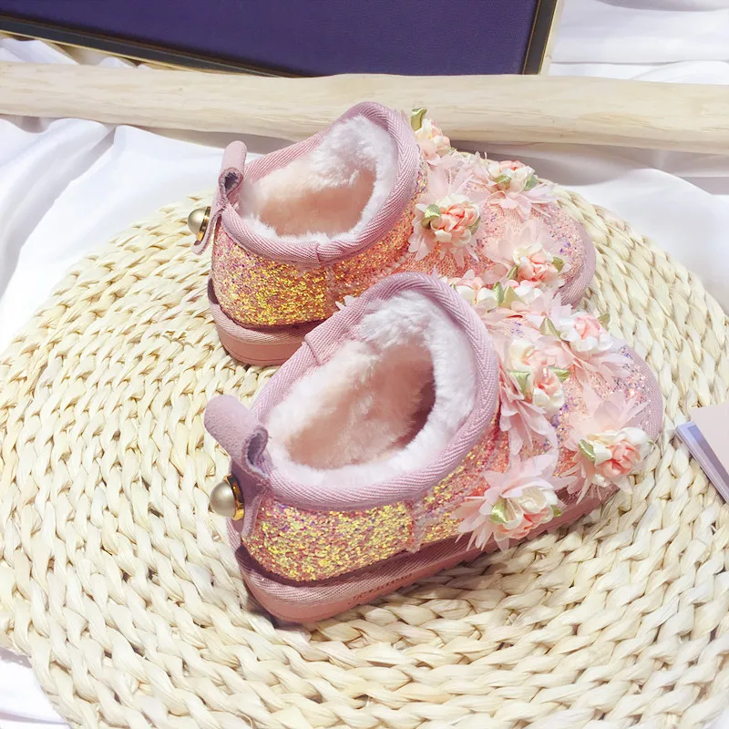 Новые зимние детские ботинки ботильоны с цветами для маленьких девочек детская