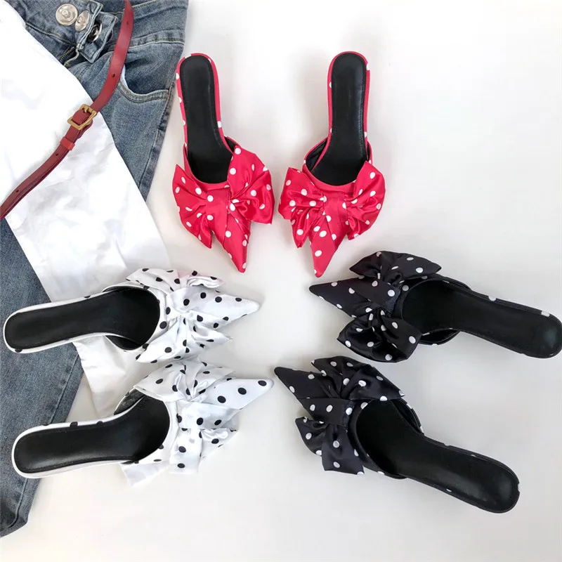 Knsvvli/новые женские шлепанцы с узлом в горошек украшенные на каблуке рюмочка