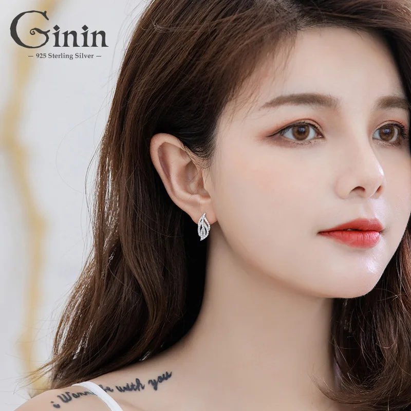 

Ginin 100% 925 Sterling Silver French Style Zircon Leaves Stud Earring For Women Female Elegant Plant Wedding Party Gift Jewelry