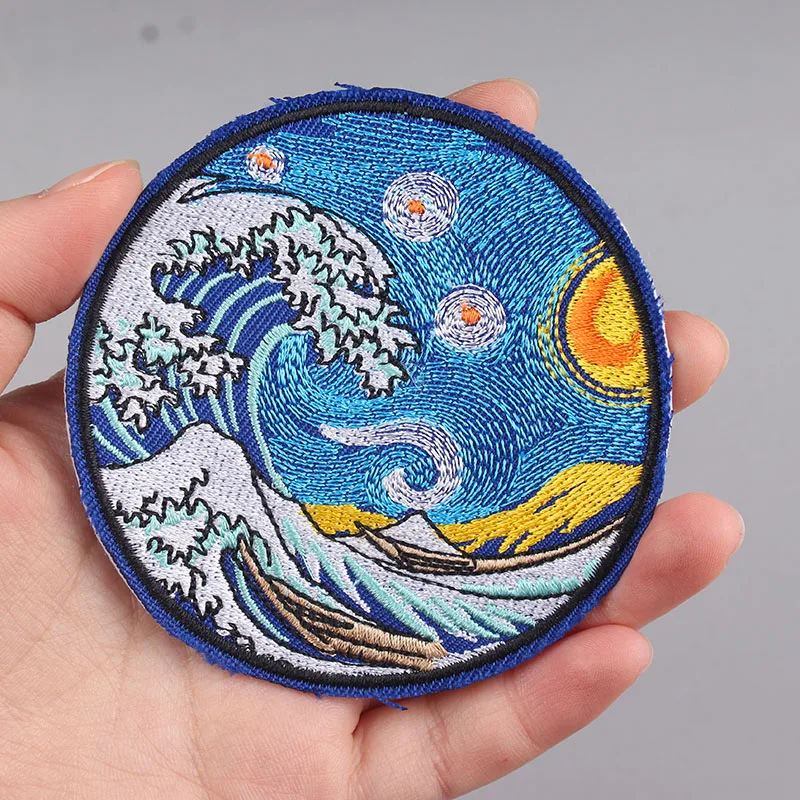 Pulaqi Wave Applique Adventure Badges Iron On Patches For Clothing Van Gogh Embroidered Natural Clothes | Дом и сад
