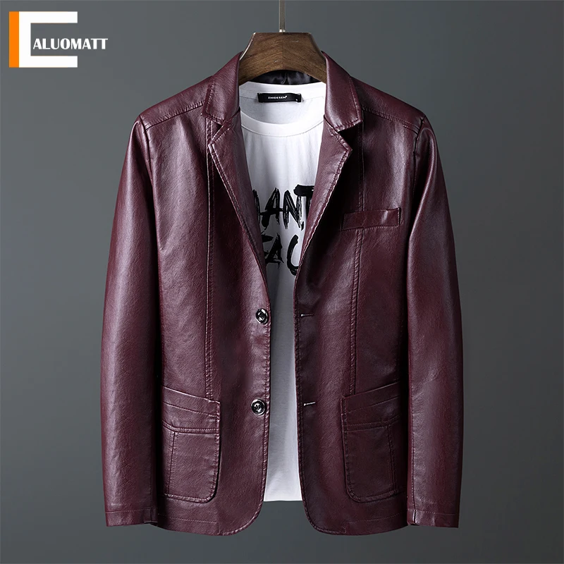 

New Men's Suit Leather Jacket Men Business Jackets Casual Fashion Slim Leather Jacket Button Solid Color PU Male Jacket Coat