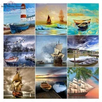 5d diy full square round drill diamond painting ocean sailing boat seascape cross stitch scenery diamond embroidery decoration