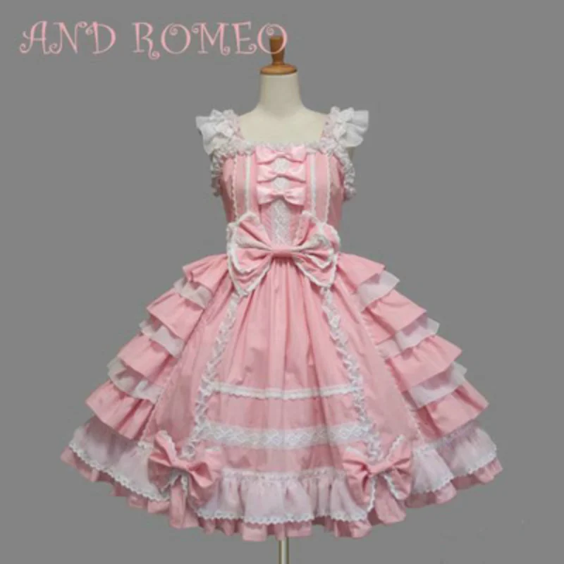 

Women Alice Lolita Angel Pink Cotton Princess Dress Court-Style Gothic Tank Dress Costume Cute Anime Maid Layer Dress for Girls